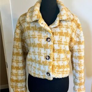 Yellow and White Cropped Teddy, Peacoat Jacket